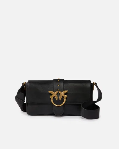 Pinko Soft Leather Love Bag Large Shoulder Bag In Nero-antique Gold