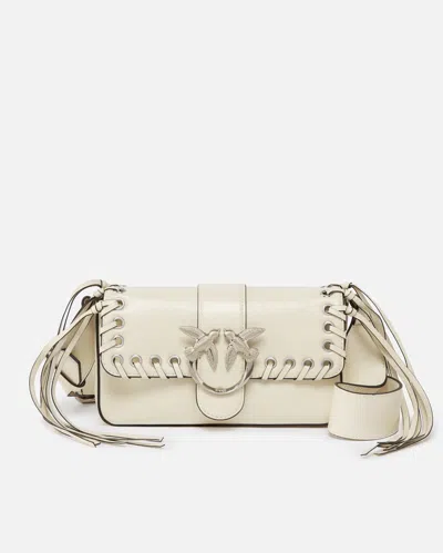 Pinko Soft Love Bag Slouchy Shoulder Bag With Fringes In Bianco Seta-brushed Silver