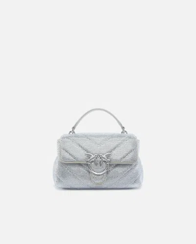 Pinko Soft Mini Love Bag Puff Crossbody Quilted With Rhinestones In Argent-nickel Brillant