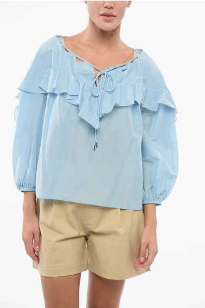 Pinko Solid Color Cotton And Silk Bones Blouse With Ruffles In Blue