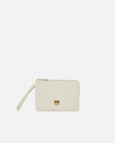 Pinko Square Leather Wrist Clutch Bag With Bird Logo In Bianco+banco-antique Gold