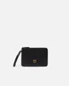 Pinko Square Leather Wrist Clutch Bag With Bird Logo In Nero-antique Gold