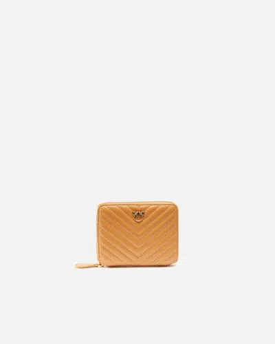 Pinko Square Quilted Nappa Leather Zip-around Purse In Nougat-or Antique