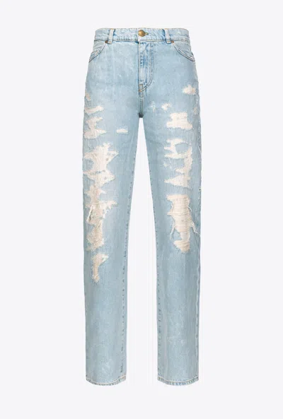 Pinko Distressed Straight-leg Jeans In Yellowed Bleach Wash
