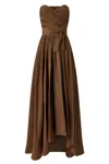Pinko Strapless High-low Dress With Fitted Bodice In Brown