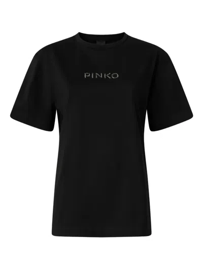 Pinko Strepitoso Jersey T-shirt With Rhinestone Logo In Black
