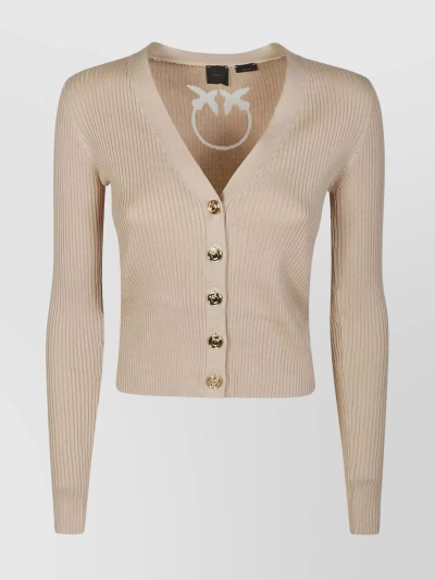 Pinko Love Birds-contrasting Logo Cardigan In Beige-chamois