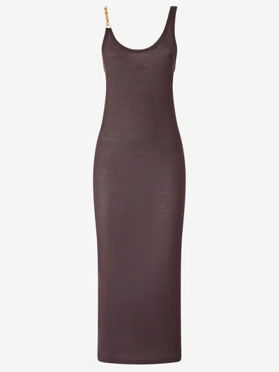 Pinko Stretch Cotton Dress With Jeweled Straps In Brown