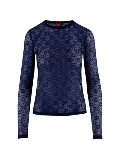 Pinko Stretch Lace Sweater With Love Birds Logo Motif In Blue