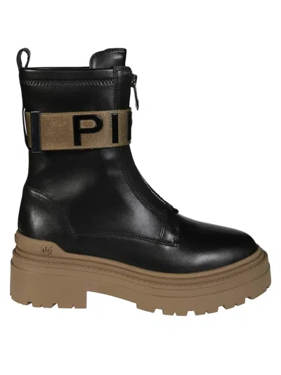 Pinko Stretch Leather Biker Lace-up With Gold Buckle In Black
