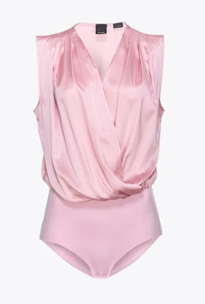 Pinko Stretch Satin Wrap-front Bodysuit In Fumo Orchidea