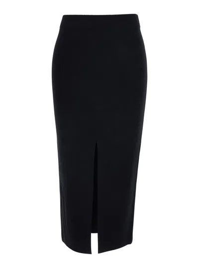 Pinko Stretch Viscose Skirt With Front Slit And Back Logo Lettering In Black