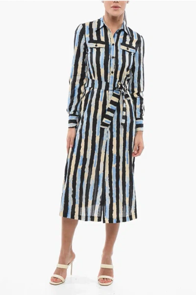 Pinko Striped Assente Shirt Dress With Double Breast Pocket And Be In Nero/burro/azzurro