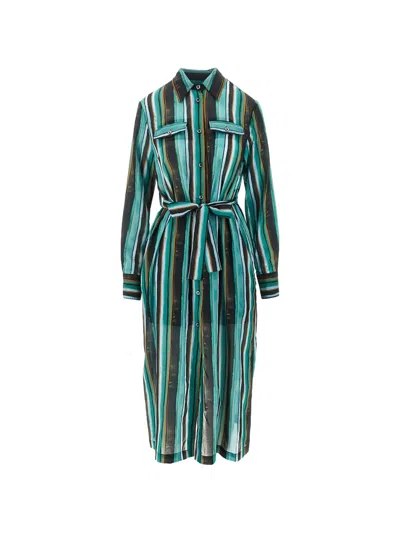 Pinko Green Multicolor Castignano Dress In Brown