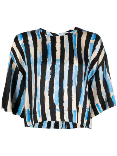 Pinko Striped Cropped Blouse In Nero/burro/azzurro