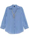 Pinko Blue And White Striped Shirt With Embellished Neckline In Blue