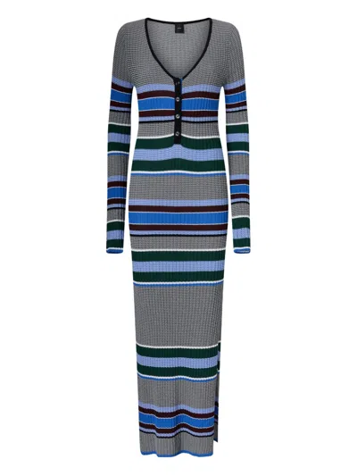 Pinko Striped Half Button Fastening Long Sleeved Ribbed Knit Top In Gray