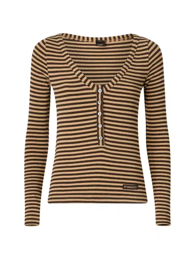 Pinko Striped Ribbed-knit T-shirt In Brown