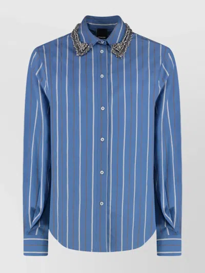 Pinko Striped Shirt With Embroidered Collar And Long Sleeves In Blue
