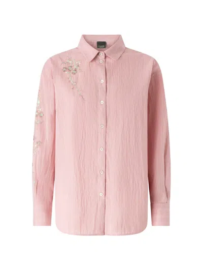 Pinko Striped Shirt With Floral Embroidery In Pink