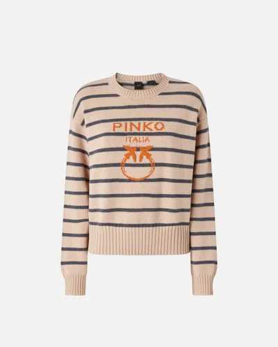 Pinko Striped Sweater With Logo In Nudo/grigio/arancio