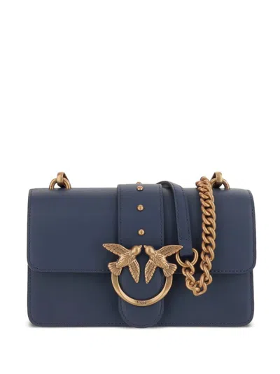 Pinko Structured Bag With Flap Closure And Gold-tone Emblem In Blue
