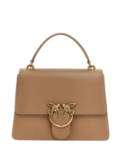Pinko Structured Beige Top Handle Tote With Bird Clasp In Brown