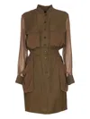 Pinko Structured Green Midi Dress With Sheer Sleeves In Brown