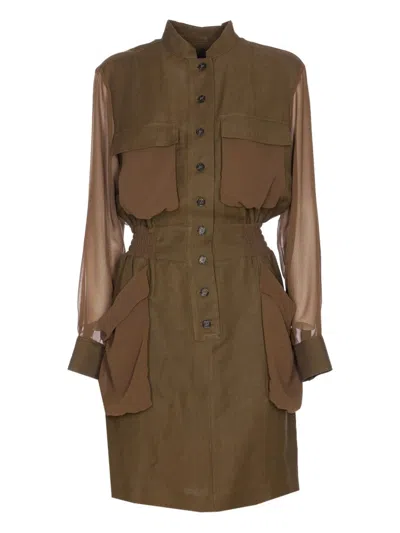 Pinko Structured Green Midi Dress With Sheer Sleeves In Brown