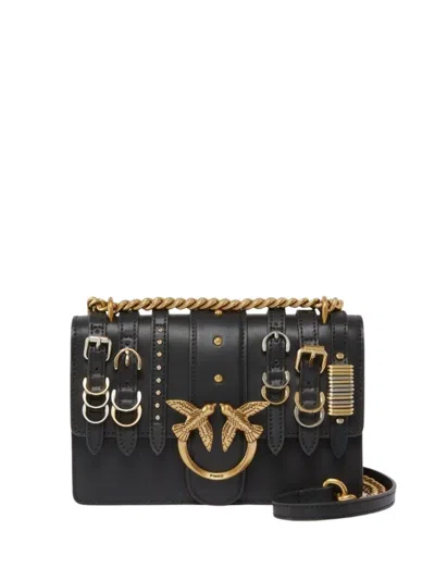 Pinko Structured Leather Shoulder Bag With Gold Hardware In Black