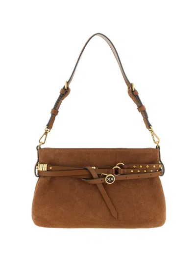 Pinko Studded-belt Suede Shoulder Bag In Brown