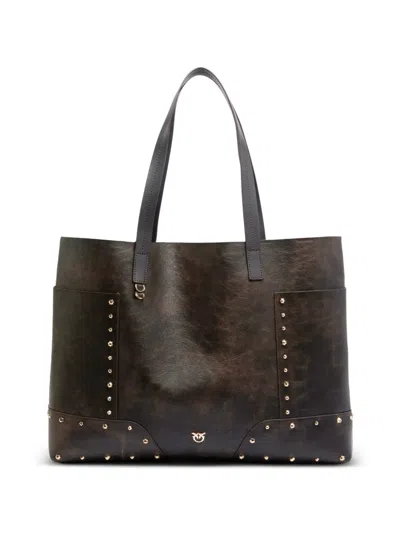 Pinko Studded Leather Tote Bag In Brown