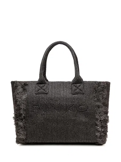 Pinko Stylish Rafia Tote Bag With Logo In Nero-antique Gold