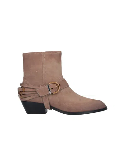 Pinko Suede Ankle Boots With Buckle Detail In Beige