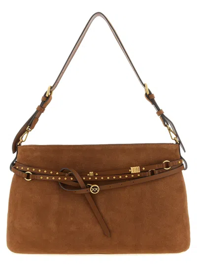 Pinko Suede Belt-detailed Shoulder Bag In Tan
