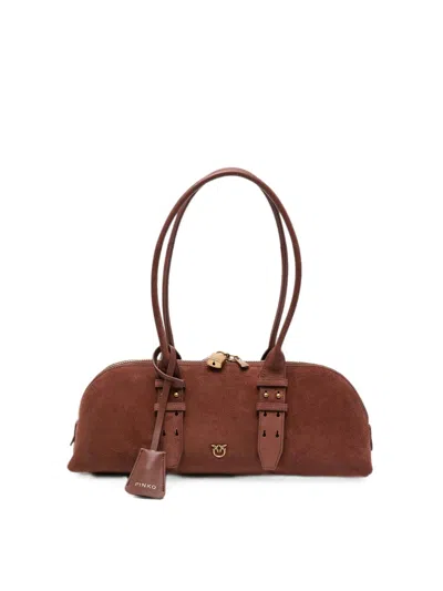 Pinko Suede Bowling Horizontal Shoulder Bag In Brown