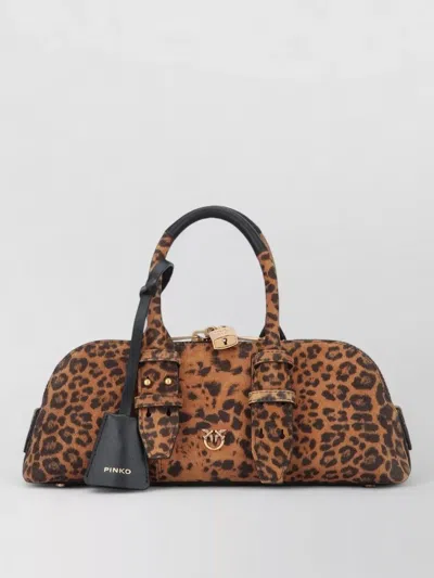 Pinko Suede Bowling Shoulder Bag Animal Print Handle In Brown