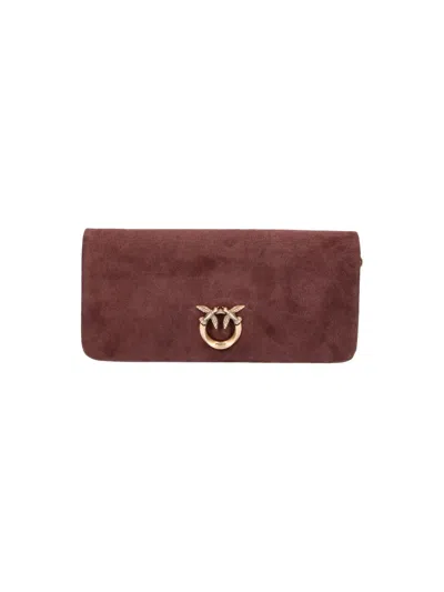 Pinko Suede Clutch Bag With Butterfly-detail Ring Closure In Brown