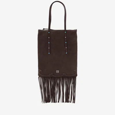 Pinko Suede Shopping Bag With Fringes In Brown