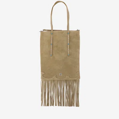 Pinko Suede Shopping Bag With Fringes In Neutral