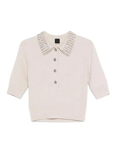 Pinko Cropped Knit Sweater With Embellished Collar In Neutral
