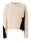 Pinko Beige Crewneck Sweater With Lace Embroidery And Logo Patch On The Rear In Wool Blend Woman In Neutral