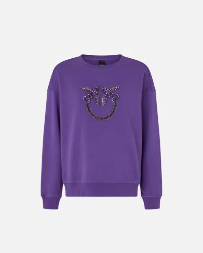 Pinko Crew-neck Sweatshirt With Love Birds Jewel Embroidery In Purple