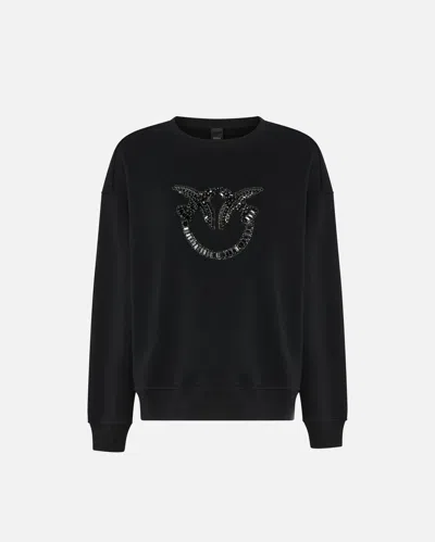 Pinko Crew-neck Sweatshirt With Love Birds Jewel Embroidery In Black