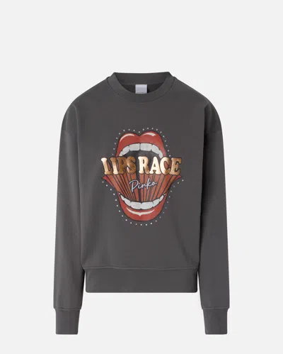 Pinko Crew-neck Sweatshirt With Lips Race Mouth Print In Gris-mouette Foncé