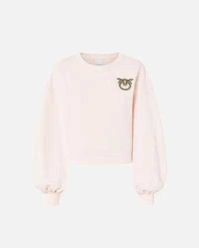Pinko Sweatshirt With Wide Sleeves And Bejewelled Love Birds Embroidery In Pink-pale Chestnut Brown