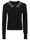 Pinko Classic Black Sweater With Embellished Collar And Ribbed Hem In Black