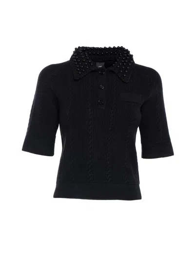 Pinko Beaded-collar Cable-knit Knitted Polo Top In Black
