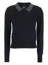 Pinko Black Polo Shirt With Crystal-decorated Collar And Logo Patch On The Back In Cashmere Woman In Blue
