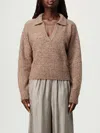 Pinko V-neck Lurex Knit Polo With Long Sleeves In Brown